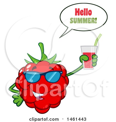 Clipart of a Raspberry Mascot Character Wearing Sunglasses, Saying Hello Summer and Holding a Glass of Juice - Royalty Free Vector Illustration by Hit Toon