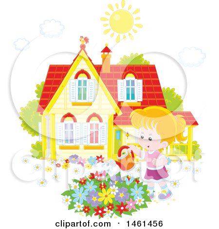 Clipart of a Happy Caucasian Girl Watering a Flower Garden on a Summer Day - Royalty Free Vector Illustration by Alex Bannykh