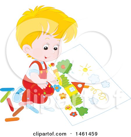 Clipart of a Blond White Boy Coloring a Page of a House - Royalty Free Vector Illustration by Alex Bannykh