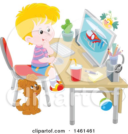Clipart of a Blond White Boy Using a Desktop Computer - Royalty Free Vector Illustration by Alex Bannykh