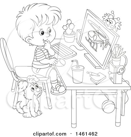 Clipart of a Black and White Boy Using a Desktop Computer - Royalty Free Vector Illustration by Alex Bannykh
