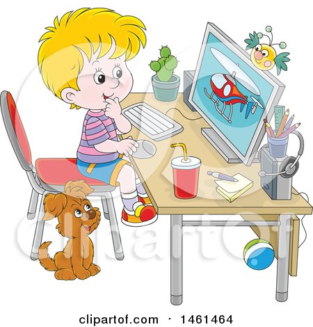 Clipart of a Cartoon Happy Blond Caucasian Boy Using a Desktop Computer - Royalty Free Vector Illustration by Alex Bannykh