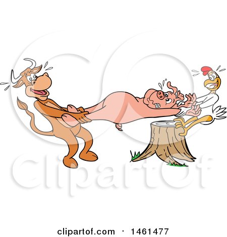 Clipart of a Cartoon Cow and Chicken Pulling a Pig, Pulled Pork - Royalty Free Vector Illustration by LaffToon