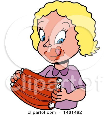 Clipart of a Cartoon Blond White Girl Licking Bbq Sauce off of Her Lips and Eating Ribs - Royalty Free Vector Illustration by LaffToon