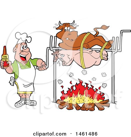 Clipart of a Cartoon White Male Chef Holding Bbq Sauce and Cooking a Sweating Cow and Pig on a Spit - Royalty Free Vector Illustration by LaffToon