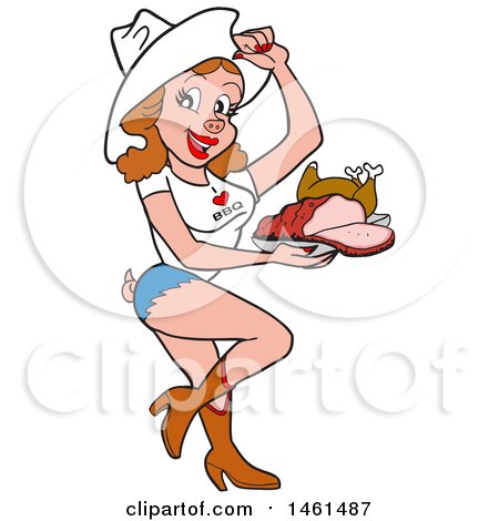 Clipart of a Cartoon Sexy Pig Cowirl with Brisket and Roasted Chicken on a Tray - Royalty Free Vector Illustration by LaffToon