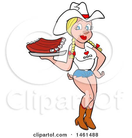 Clipart of a Cartoon Sexy Pig Cowirl with Ribs on a Tray - Royalty Free Vector Illustration by LaffToon