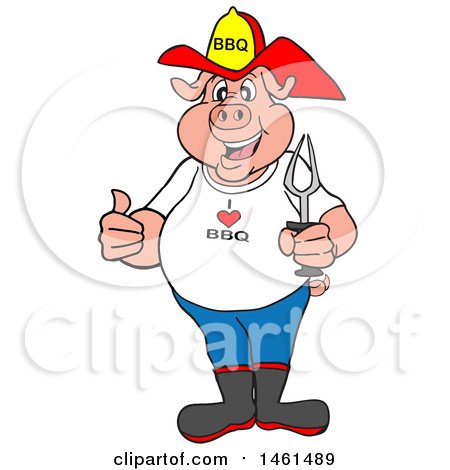 Clipart of a Cartoon Pig Fireman Holding a Thumb up and a Bbq Fork - Royalty Free Vector Illustration by LaffToon