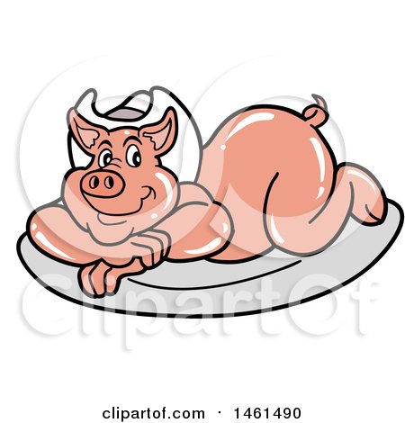 Clipart of a Cartoon Pig Wearing a Cowboy Hat and Resting on a Platter - Royalty Free Vector Illustration by LaffToon