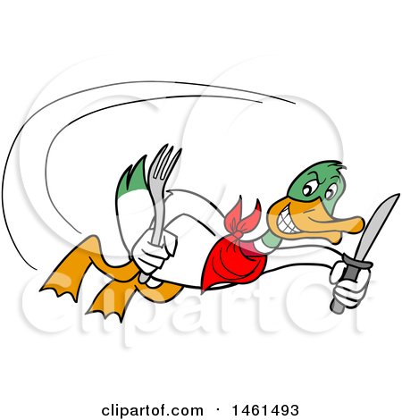 Clipart of a Cartoon Mallard Duck Flying with a Knife and Fork - Royalty Free Vector Illustration by LaffToon