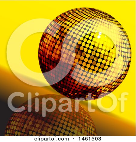 Clipart of a 3d Golden Disco Ball on a Slanted Reflected Surface - Royalty Free Vector Illustration by elaineitalia