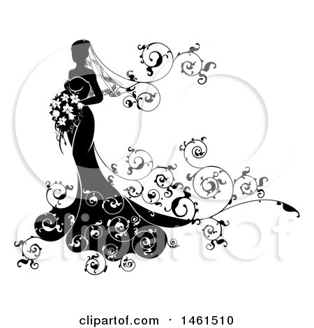 Clipart of a Silhouetted Black and White Bride with Swirls - Royalty Free Vector Illustration by AtStockIllustration