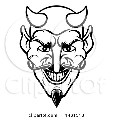 Clipart of a Black and White Grinning Evil Devil Face - Royalty Free Vector Illustration by AtStockIllustration