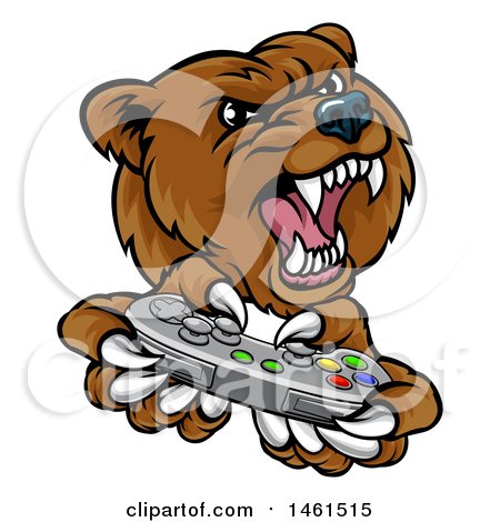Clipart of a Mad Grizzly Bear Mascot Holding a Video Game Controller - Royalty Free Vector Illustration by AtStockIllustration