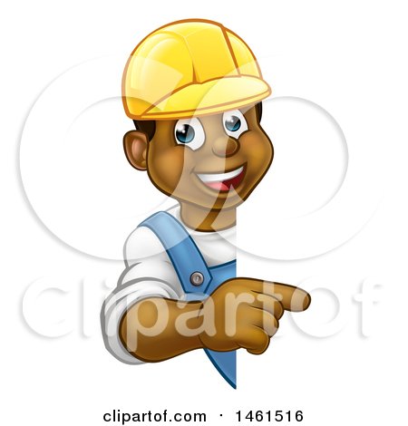 Clipart of a Cartoon Happy Black Male Worker Wearing a Hardhat and Pointing Around a Sign - Royalty Free Vector Illustration by AtStockIllustration