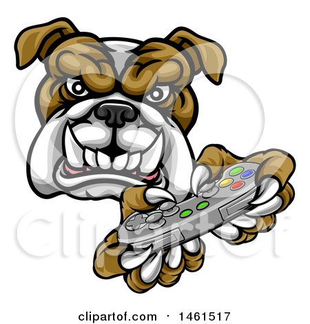 Clipart of a Tough Bulldog Mascot Holding a Video Game Controller - Royalty Free Vector Illustration by AtStockIllustration
