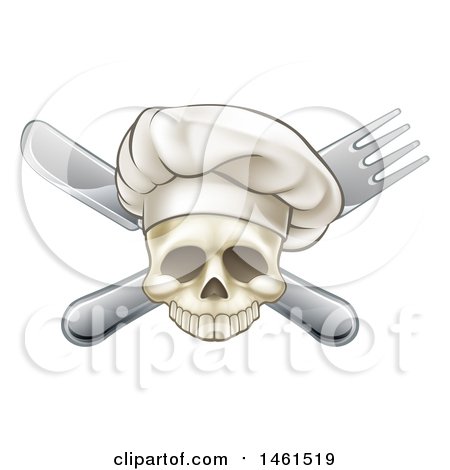 Clipart of a Chef Human Skull over a Crossed Knife and Fork - Royalty Free Vector Illustration by AtStockIllustration