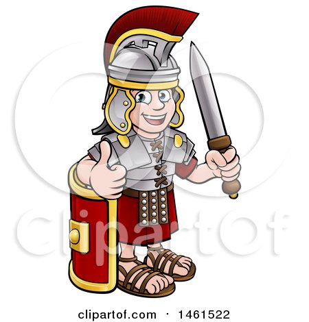 Clipart of a Cartoon Happy Roman Soldier Giving a Thumb Up, Holding a Sword and Leaning on a Shield - Royalty Free Vector Illustration by AtStockIllustration