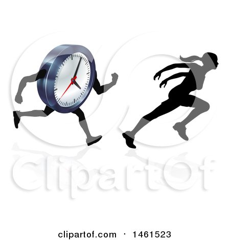 Clipart of a Silhouetted Woman Sprinting and Racing a Clock Character - Royalty Free Vector Illustration by AtStockIllustration