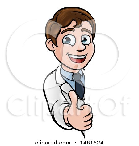 Clipart of a Cartoon Young Male Scientist Giving a Thumb up Around a Sign - Royalty Free Vector Illustration by AtStockIllustration