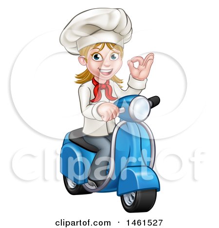 Clipart of a Cartoon Happy White Female Chef Gesturing Ok and Riding a Scooter - Royalty Free Vector Illustration by AtStockIllustration