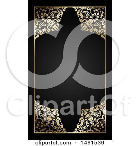 Clipart of a Black and Ornate Floral Gold Border Design - Royalty Free Vector Illustration by KJ Pargeter