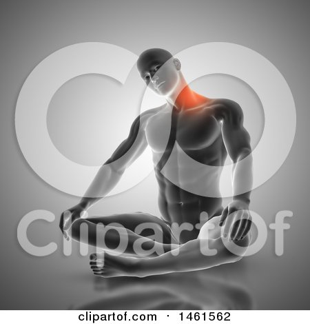 Clipart of a 3d Fit Anatomical Man Stretching His Neck, with Glowing Pain, on Gray - Royalty Free Illustration by KJ Pargeter