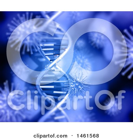 Clipart of a Background of a 3d Dna Strand on Blue with Viruses - Royalty Free Illustration by KJ Pargeter