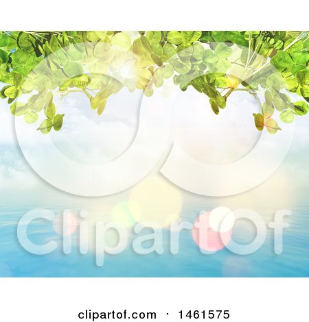 Clipart of a 3d Border of Green Leaves over a Sunny Water Background - Royalty Free Illustration by KJ Pargeter
