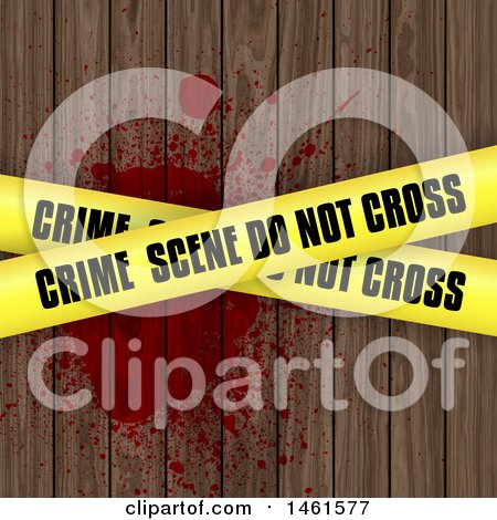 Clipart of a Background of Crime Scene Tape over Blood on Wood - Royalty Free Vector Illustration by KJ Pargeter