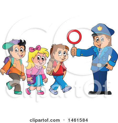 Clipart of a Police Officer Holding a Sign While Children Walk on a Crosswalk - Royalty Free Vector Illustration by visekart