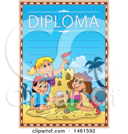 Clipart of a Diploma of a Group of Kids Building a Sand Castle on a Beach - Royalty Free Vector Illustration by visekart
