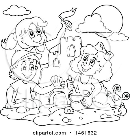 Clipart of a Black and White Group of Kids Building a Sand Castle on a Beach - Royalty Free Vector Illustration by visekart