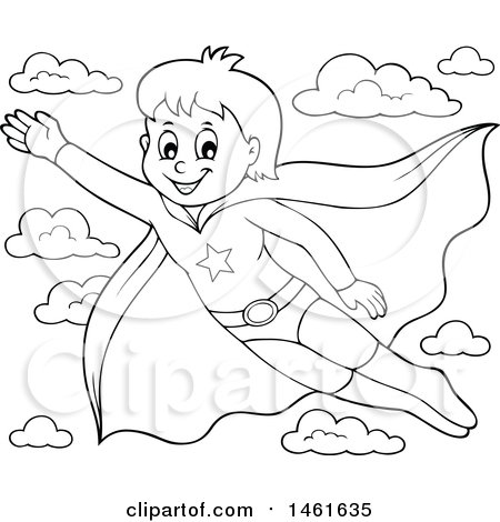 Clipart of a Black and White Flying Super Hero Boy - Royalty Free Vector Illustration by visekart