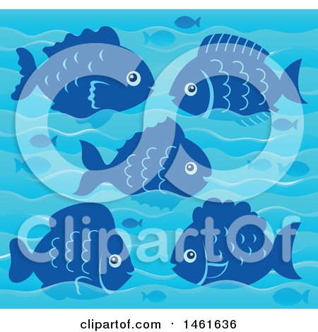 Clipart of a Background of Blue Fish and Waves - Royalty Free Vector Illustration by visekart