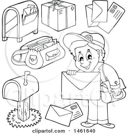 Clipart of a Black and White Mailman and Accessories - Royalty Free Vector Illustration by visekart