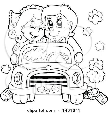 Clipart of a Black and White Wedding Couple Driving in a Car - Royalty Free Vector Illustration by visekart