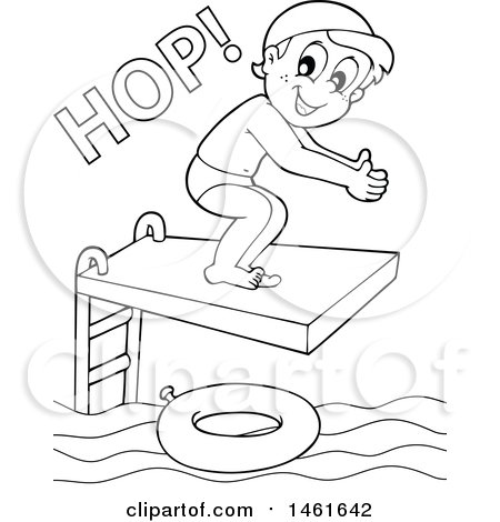 Clipart of a Black and White Boy Hopping on a Diving Board - Royalty Free Vector Illustration by visekart
