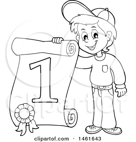Clipart of a Black and White Boy Holding a First Place Certificate - Royalty Free Vector Illustration by visekart