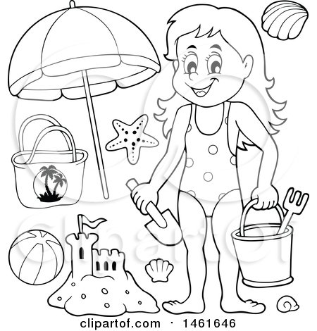 Clipart of a Black and White Girl with Beach Gear - Royalty Free Vector Illustration by visekart