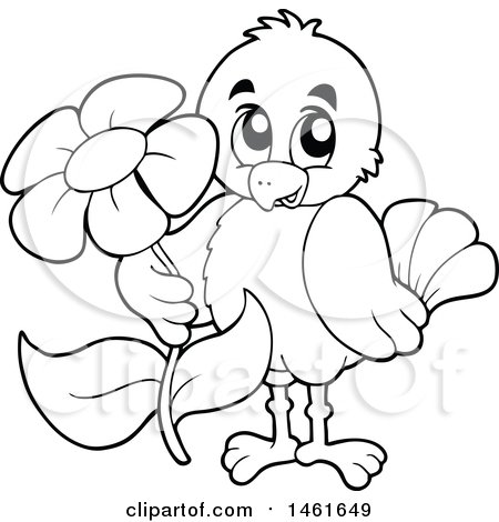 Clipart of a Black and White Sweet Bird Holding out a Flower - Royalty Free Vector Illustration by visekart