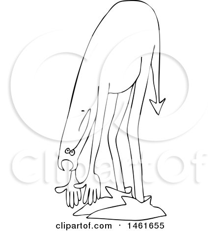 Clipart of a Chubby Devil Bending over and Touching His Toes, Black and White - Royalty Free Vector Illustration by djart