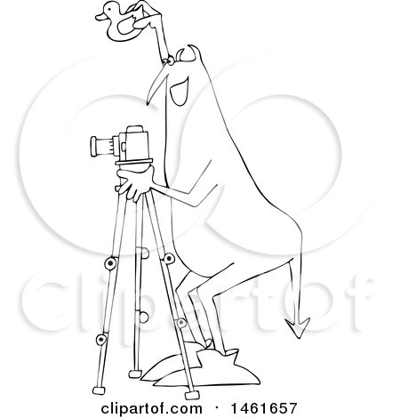 Clipart of a Chubby Devil Photographer Holding a Rubber Duck and Using a Camera on a Tripod, Black and White - Royalty Free Vector Illustration by djart