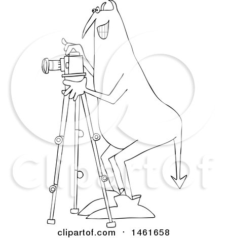 Clipart of a Chubby Devil Photographer Using a Camera on a Tripod, Black and White - Royalty Free Vector Illustration by djart
