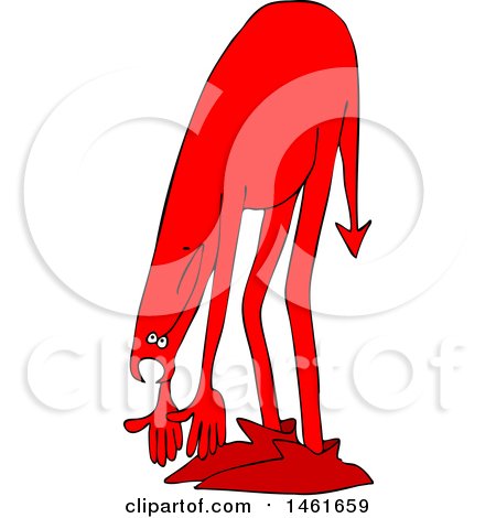 Clipart of a Chubby Red Devil Bending over and Touching His Toes - Royalty Free Vector Illustration by djart