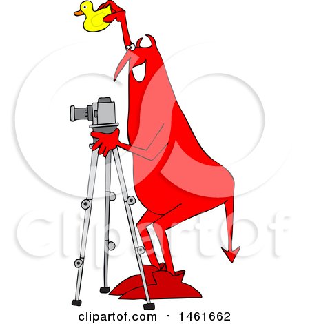 Clipart of a Chubby Red Devil Photographer Holding a Rubber Duck and Using a Camera on a Tripod - Royalty Free Vector Illustration by djart