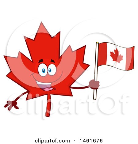 Clipart of a Red Maple Leaf Mascot Character Holding a Canadian Flag - Royalty Free Vector Illustration by Hit Toon