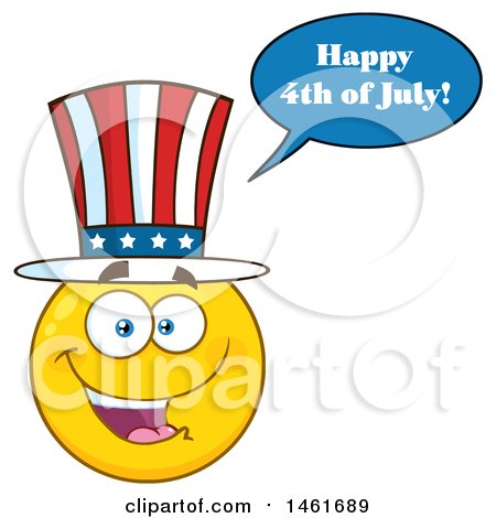 Clipart of a Emoji Smiley Face Uncle Sam Wearing a Top Hat Saying Happy 4th of July - Royalty Free Vector Illustration by Hit Toon