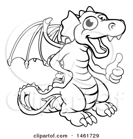 Clipart of a Black and White Dragon Giving a Thumb up - Royalty Free Vector Illustration by AtStockIllustration
