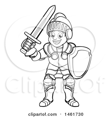 Clipart of a Black and White Happy Knight in Full Armour - Royalty Free Vector Illustration by AtStockIllustration